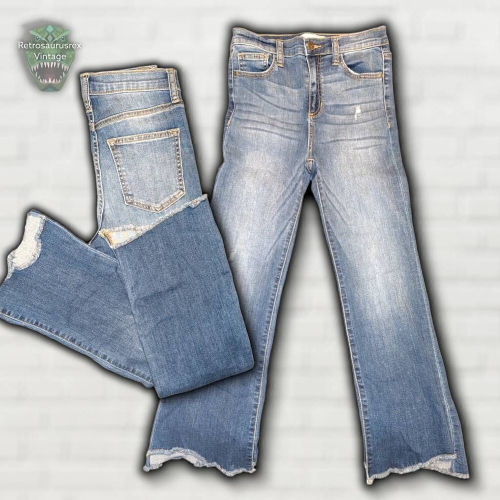 Francesca's Harper Heritage Flared Denim Asymmetrical Hem Jeans, 27